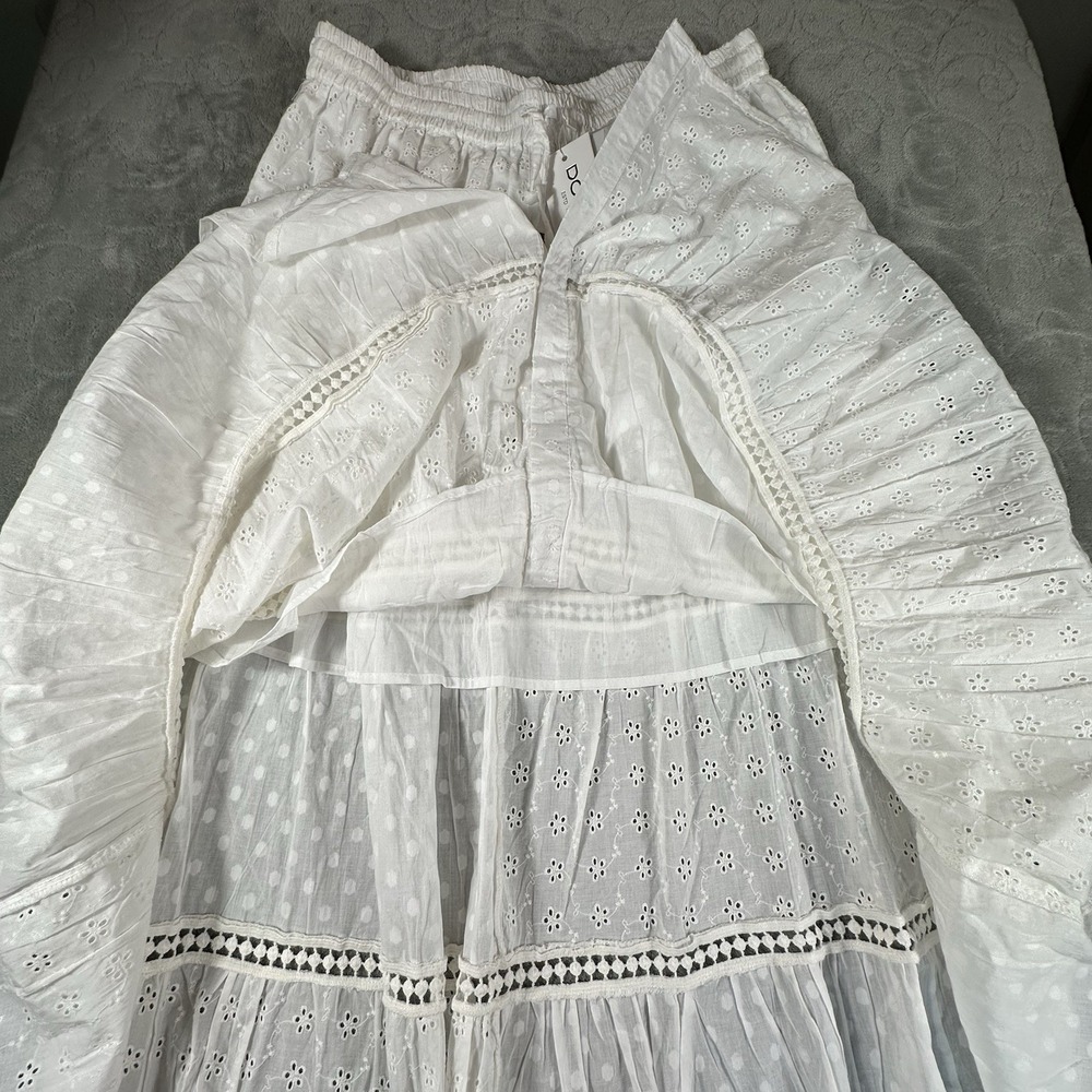 White Eyelet Cotton Maxi Skirt Large Tiered Layered Elastic Pull-On Cottagecore - Picture 3 of 9